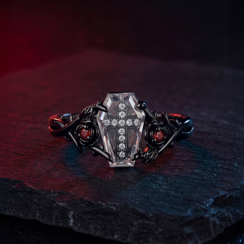 Jeulia Until Death Gothic Black Rose Cross Coffin Ring