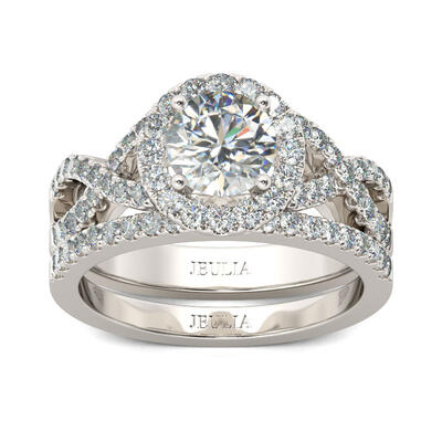 Jeulia Twist Halo Round Cut Sterling Silver Ring Set