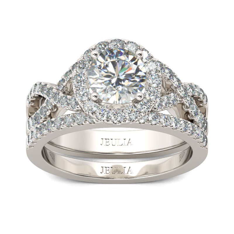 Jeulia Conjunto De Anillos Torcidos Con Halo De Talla Redonda En Plata De Ley