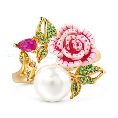 Jeulia Anillo para mujer elegante de plata esmaltada con flor rosa de perla