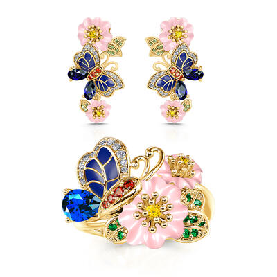 Jeulia Conjunto de Joyas Anillo y Pendientes de Plata Esterlina con Esmalte de Mariposa y Flor