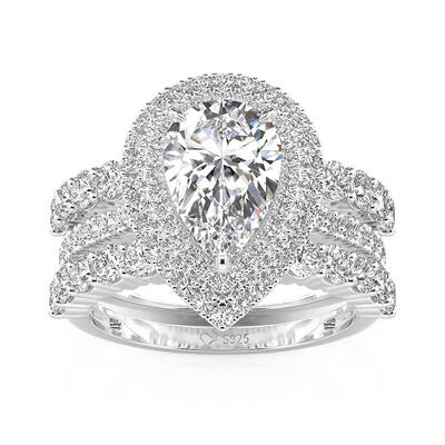 Jeulia Double Halo Pear Cut Engagement Ring Set 3PCS with Eternity Band
