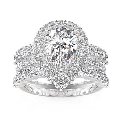 Jeulia Double Halo Pear Cut Engagement Ring Set 3PCS with Eternity Band