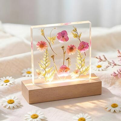 Luxury Pink Floral Resin Lamp - Handcrafted Square Night Light with Real Flowers