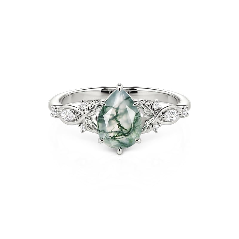 Jeulia Twist Leaf Vine Women Teardrop Moss Agate Ring Sterling Silver