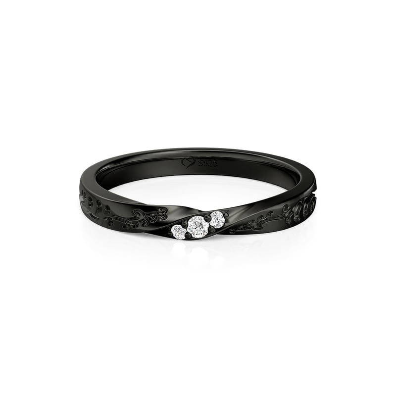 Jeulia Black Three Stone Wedding Band With Engraved Vine