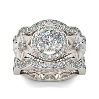 Jeulia Flower Round Cut Sterling Silver Ring Set