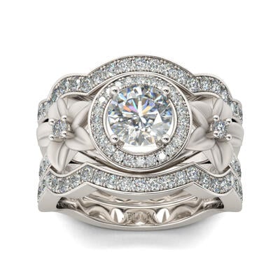 Jeulia Flower Round Cut Sterling Silver Ring Set