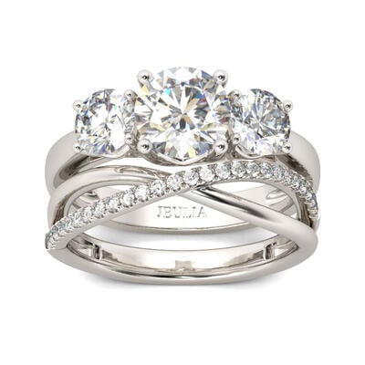 Jeulia Three Stone Crossover Round Cut Sterling Silver Ring Set