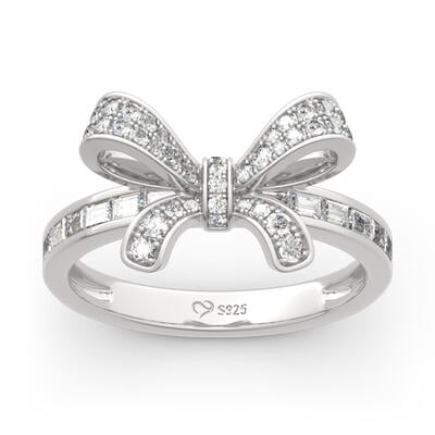 Jeulia Bowknot Design Round and Emerald Cut Sterling Silver Ring
