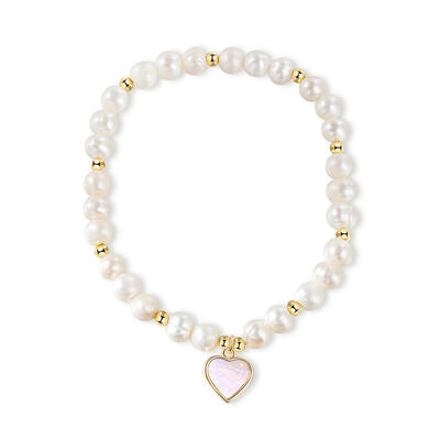 Jeulia Heart-shaped Mother of Pearl Pendant Golden Tone Pearl Elastic Bracelet