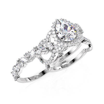 Jeulia Juego de Alianza de Novia Halo con Corte Pera con Argolla de Eternidad de Plata de Ley