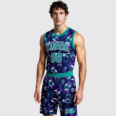 Custom Purple Aqua-White Music Festival Round Neck Sublimation Basketball Suit Jersey