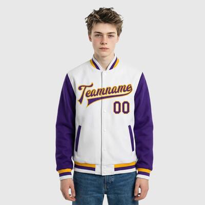Custom Purple-White Two Tone Full-Snap Letterman Jacket – Ideal for Weekend Urban Strolls and Park Hangouts