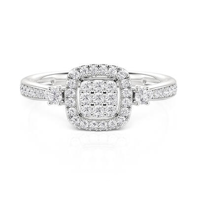 Jeulia Anillo de Compromiso Minimalista Tres Piedras Halo Cuadrado