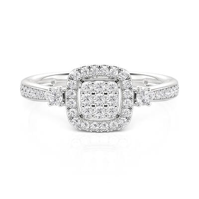 Jeulia ミニマリスト スリーストーン ハロー スクエア エンゲージメントリング