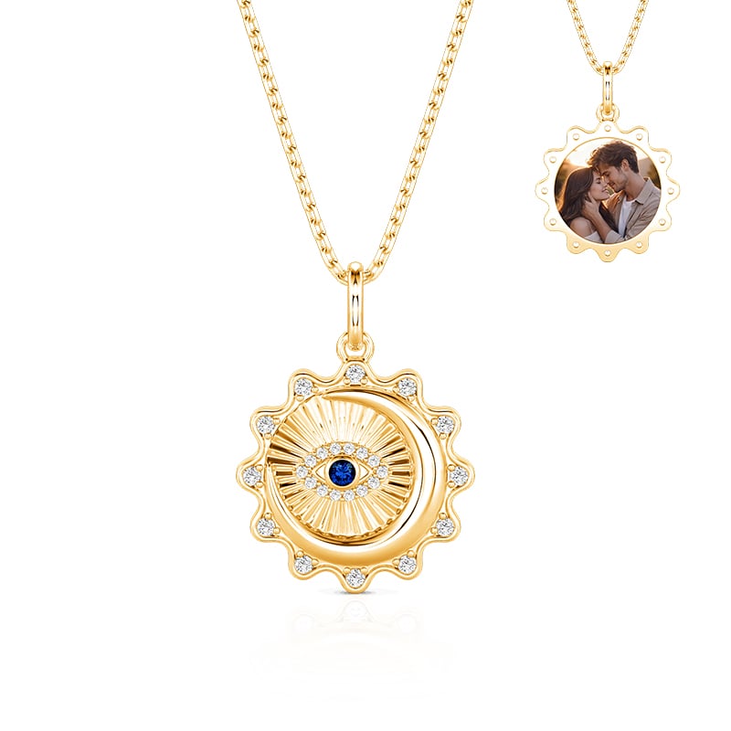 Jeulia Collar Amuleto Personalizado de Mal de Ojo Sol Luna con Foto y Piedra Natal