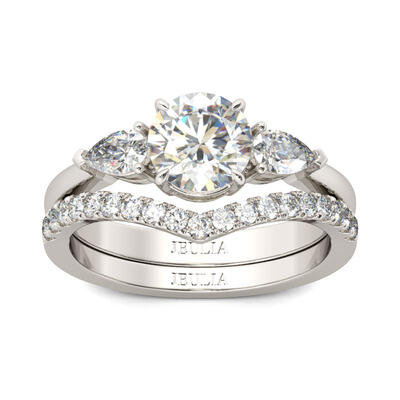 Jeulia Three Stone Round Cut Sterling Silver Ring Set