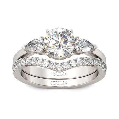 Jeulia Three Stone Round Cut Sterling Silver Ring Set