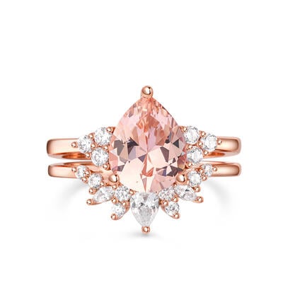 Jeulia Cluster Pear Cut Synthetic Morganite Sterling Silver Ring Set