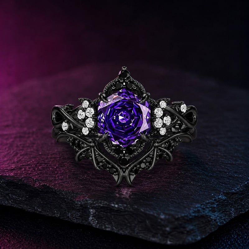 Jeulia Until Death Purple Rose Cut Hexagon Bat Wing Ring Set