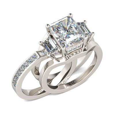 Jeulia Three Stone Radiant Cut Sterling Silver Ring Set