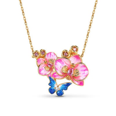 Dreamy Garden Butterfly Loves Flower Phalaenopsis Orchid Sterling Silver Necklace