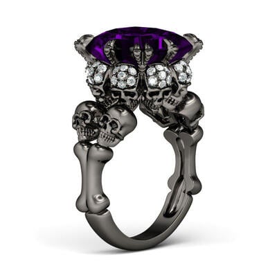 Jeulia Black Tone Princess Cut Sterling Silver Skull Ring