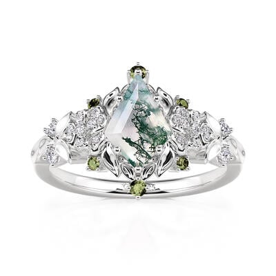 Jeulia Midsummer Night Anillo de Compromiso de Ágata Musgo con Flor Viola