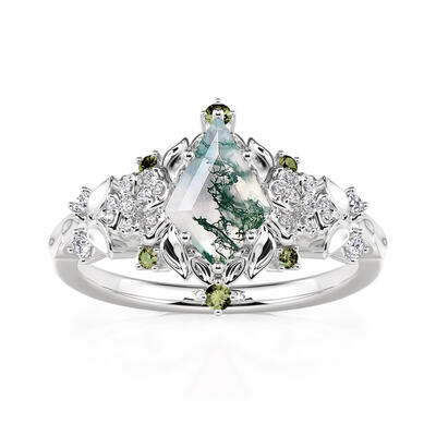 Jeulia Midsummer Night Pansy Flower Moss Agate Engagement Ring