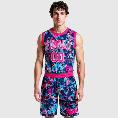 Custom Figure Pink-Light Blue Round Neck Sublimation Basketball Suit Jersey
