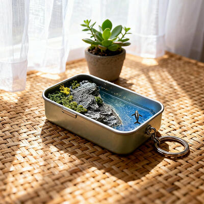 Azure Crafted Resin Ocean Keychain, Miniature Metal Box Shaped Decor