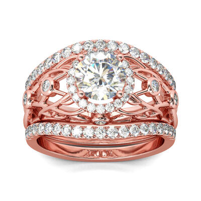 Jeulia 3PC Rose Gold Tone Round Cut Sterling Silver Ring Set