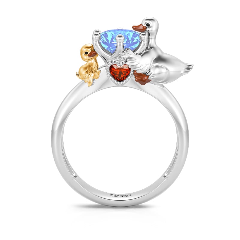 Jeulia Hug Me "Mother's Protection" Mom and Baby Duck Round Cut Sterling Silver Ring