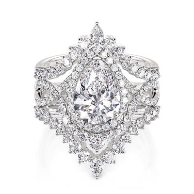 Jeulia Juego de 3 Anillos de Matrimonio Halo Corte Pera Eternidad de Plata de Ley