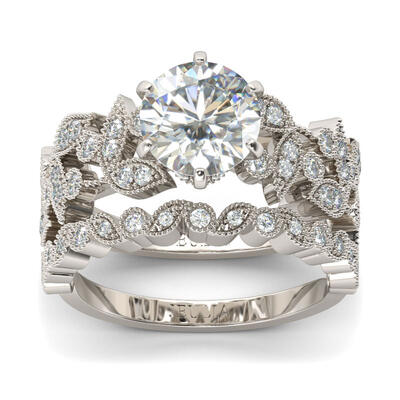 Jeulia Conjunto De Anillos Con Dise?o Hoja De Talla Redonda En Plata De Ley