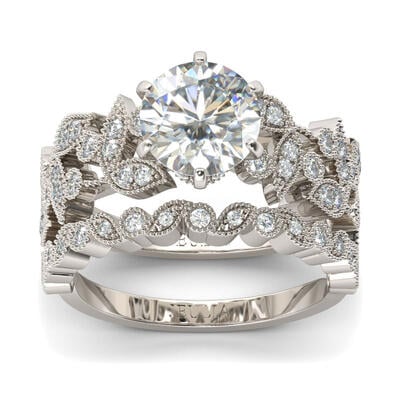 Jeulia Leaf Design Round Cut Sterling Silver Ring Set