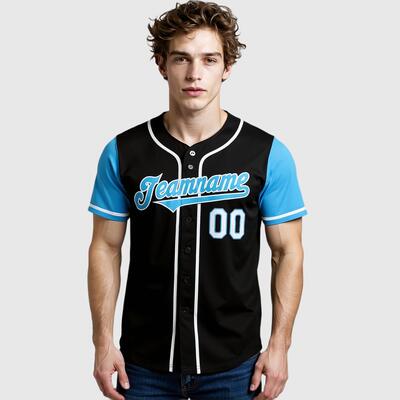 Custom Black Light Blue Two Tone Baseball Jersey with Personalized Number and Logo for Games Practices and Fan Events