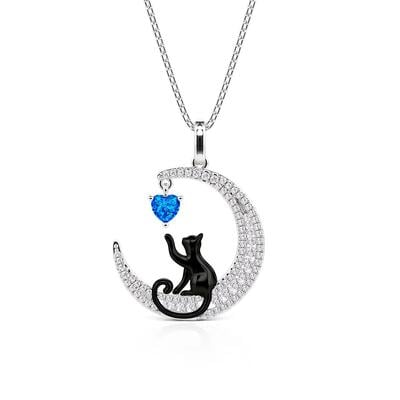 Jeulia Custom Black Cat Moon Necklace with Heart Birthstone