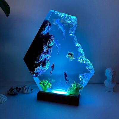 Captivating Hammerhead Shark Resin Lamp Reslol Turtle & Couple Divers Epoxy Wood Night Light