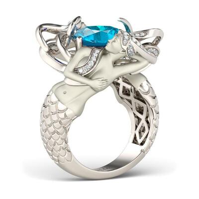 Jeulia Blue Cushion Cut Sterling Silver Mermaid Ring