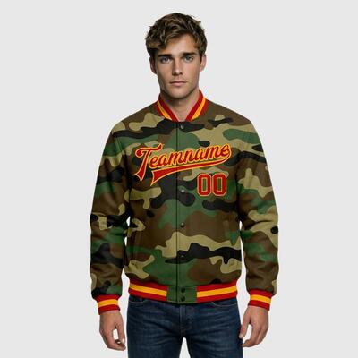 Custom Camo Full-Snap Varsity Letterman Salute To Service Jacket Suitable for Patriotic Community Parades and Outdoor Ceremonies