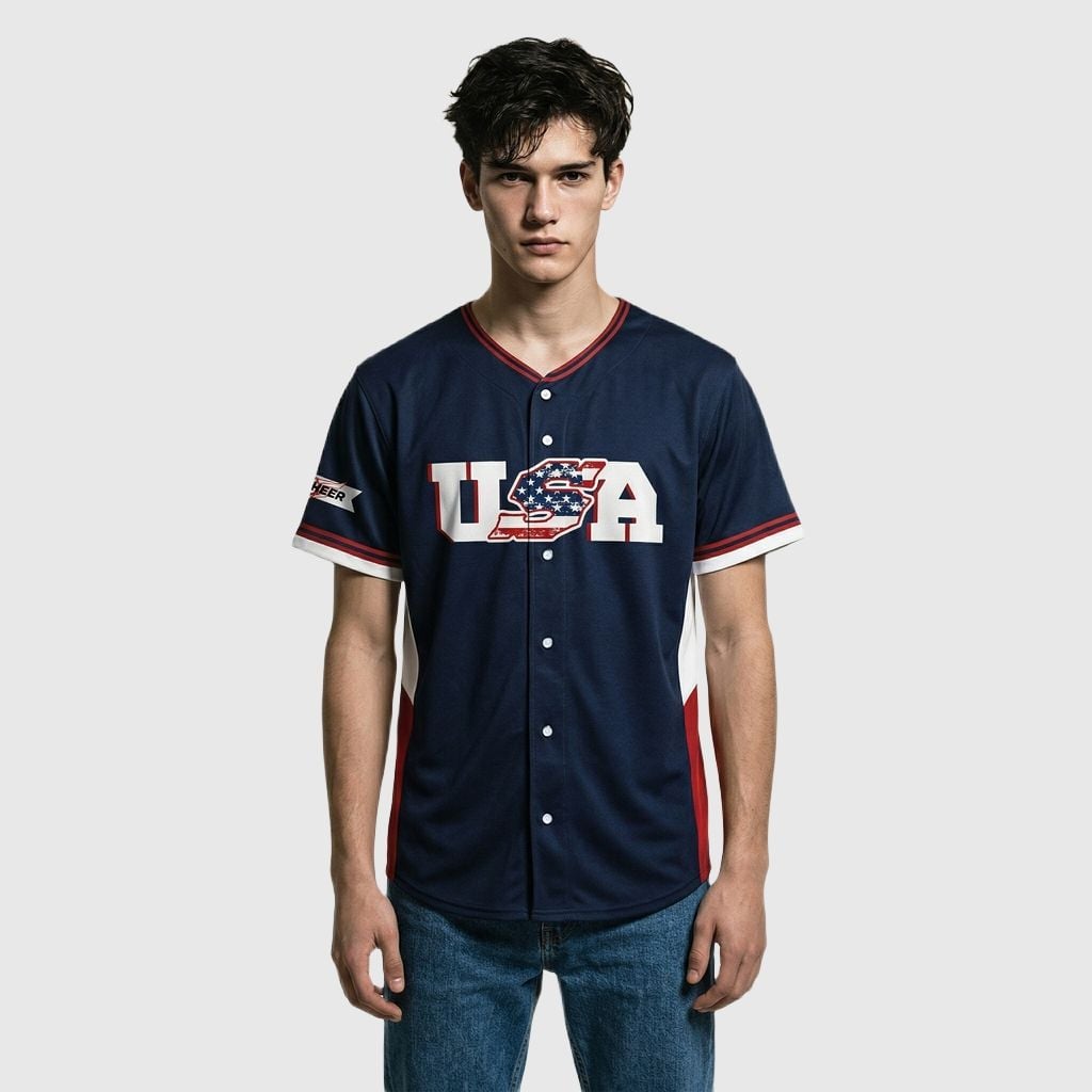 Custom USA Flag Navy Red Baseball Jersey-Personalized Team Name and Number