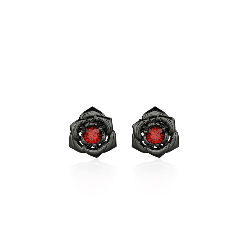 Jeulia Gothic Black Rose Flower Stud Earrings with Red Stone
