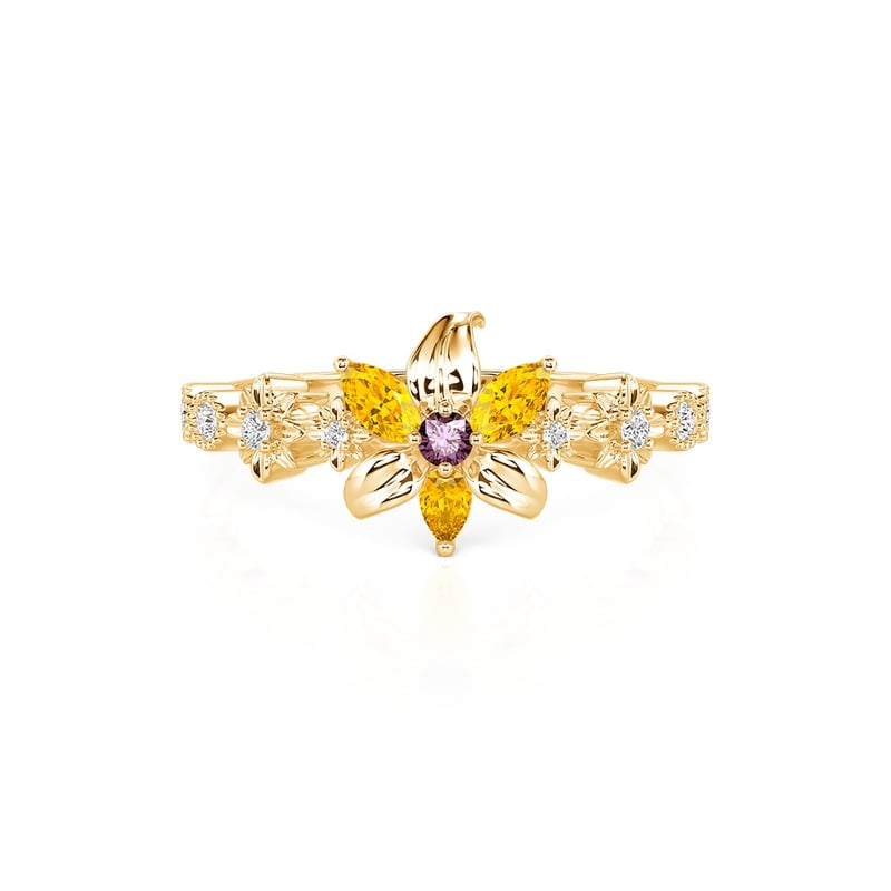 Jeulia Golden Flower Ring with Round Cut Purple Stone