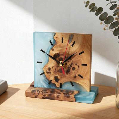 Artisanal Resin Wood Square Table Clock Unique Handmade Gift for Her