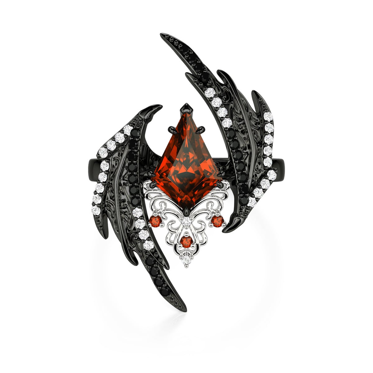 Jeulia Gothic Bypass Dark Red Kite Cut Stone Bat Wing Ring