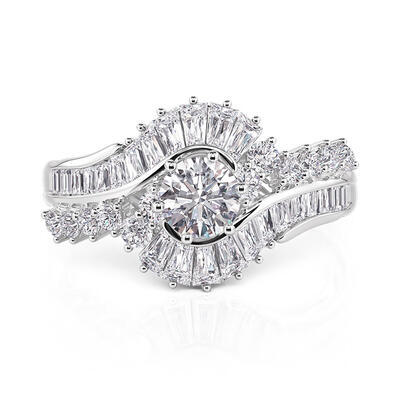 Jeulia Anillo de Compromiso Remolino Art Deco con Halo de Plata de Ley