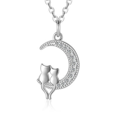 Jeulia Fashion Cat and Moon Necklace Sterling Silver