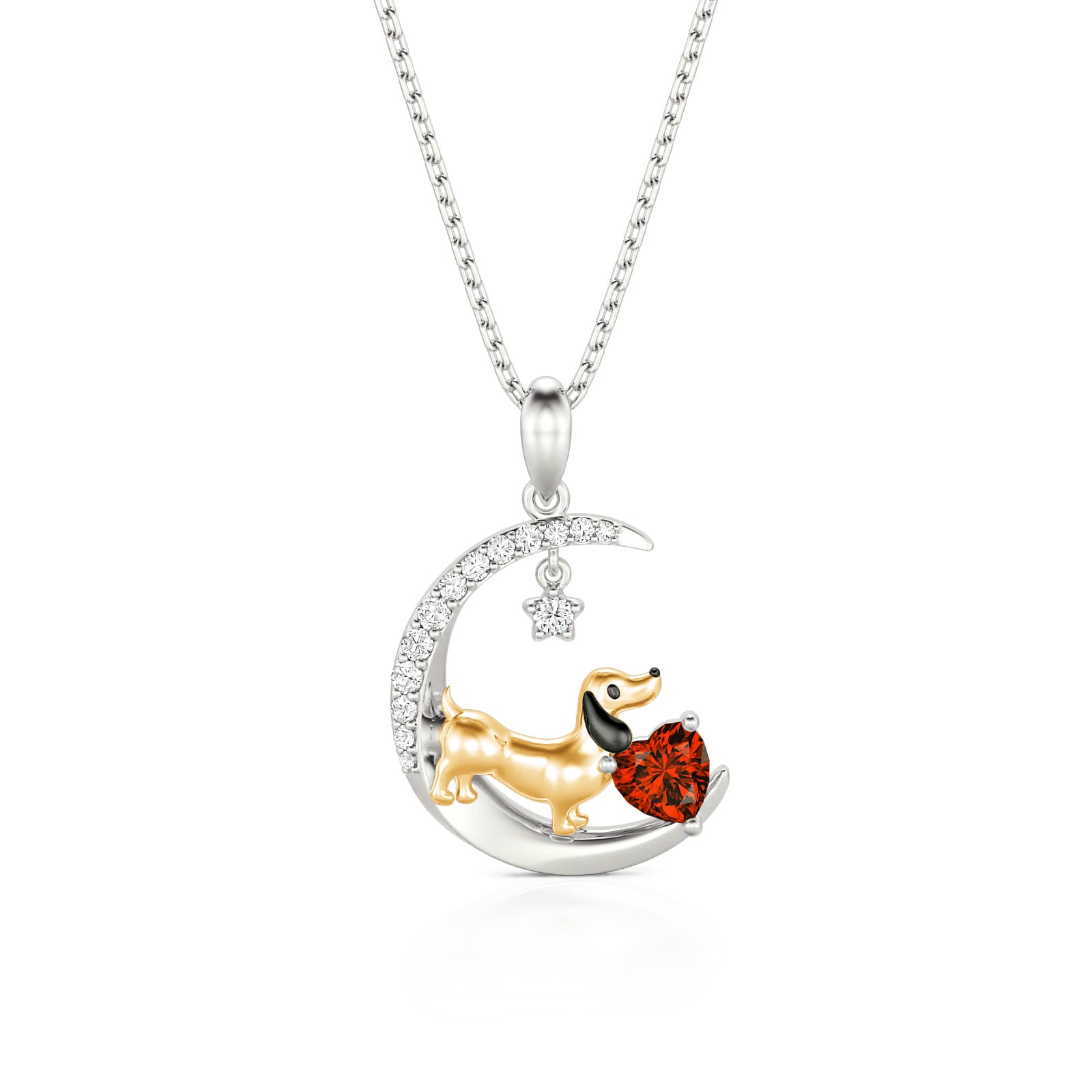 Jeulia Petland Custom Dachshund Moon Necklace with Heart Birthstone